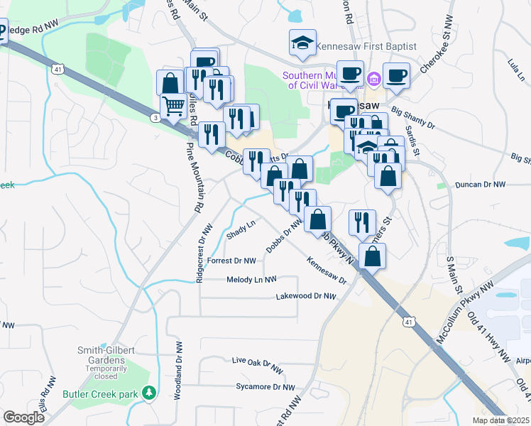 map of restaurants, bars, coffee shops, grocery stores, and more near 3055 Kennesaw Drive in Kennesaw