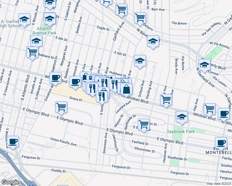 map of restaurants, bars, coffee shops, grocery stores, and more near 5811 Whittier Boulevard in East Los Angeles