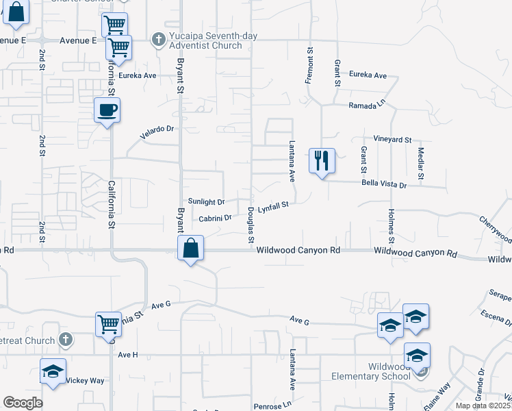 map of restaurants, bars, coffee shops, grocery stores, and more near 35504 Lynfall Street in Yucaipa