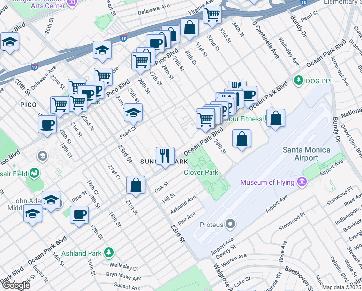 map of restaurants, bars, coffee shops, grocery stores, and more near 2627 26th Street in Santa Monica