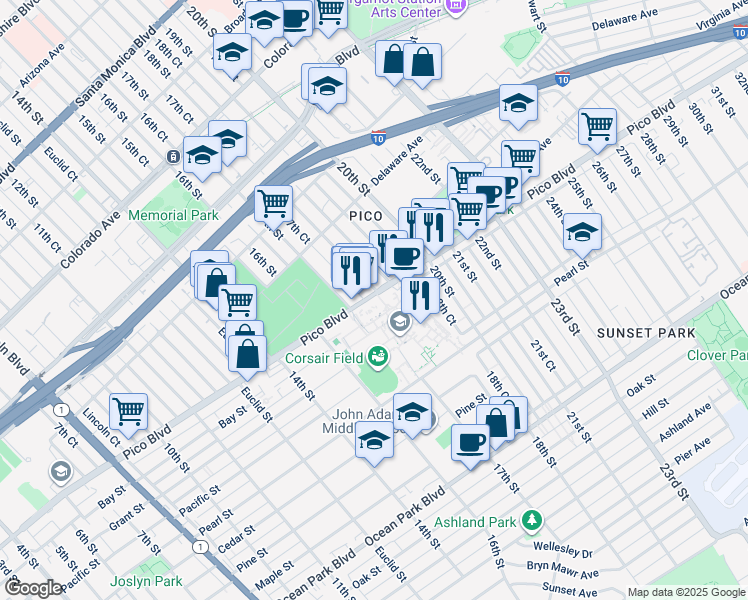 map of restaurants, bars, coffee shops, grocery stores, and more near 1900 Pico Boulevard in Santa Monica