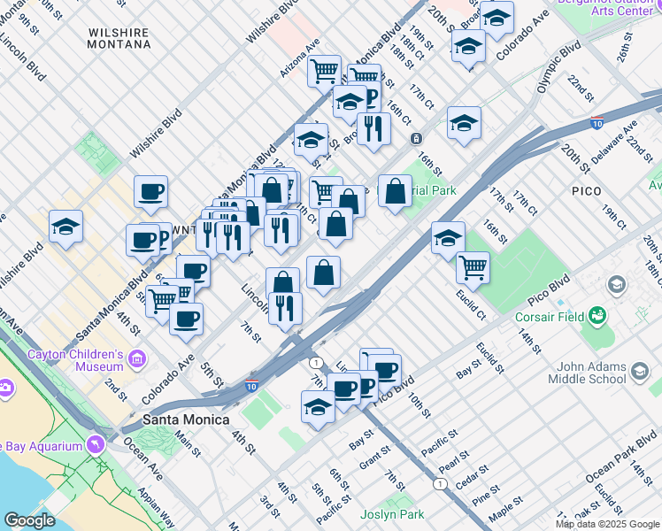 map of restaurants, bars, coffee shops, grocery stores, and more near 1628 11th Street in Santa Monica
