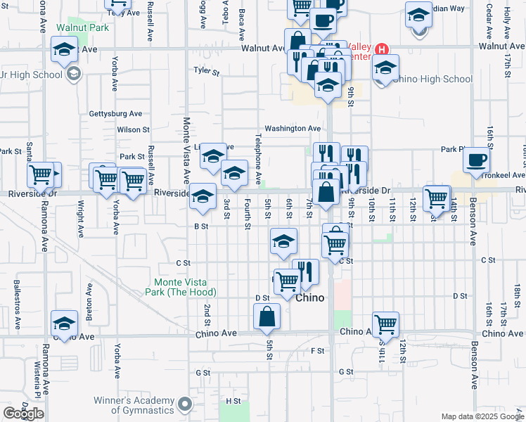 map of restaurants, bars, coffee shops, grocery stores, and more near in Chino