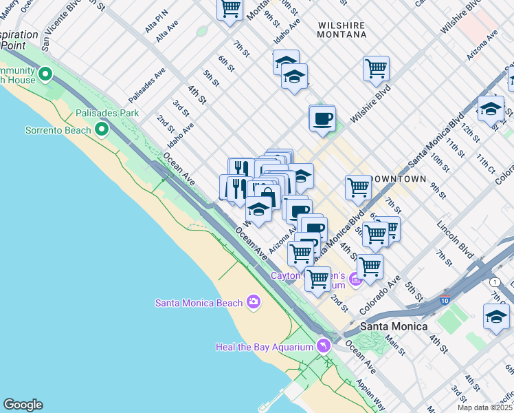 map of restaurants, bars, coffee shops, grocery stores, and more near 1137 2nd Street in Santa Monica
