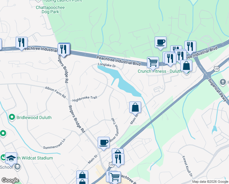 map of restaurants, bars, coffee shops, grocery stores, and more near 3754 Clearbrooke Way in Duluth