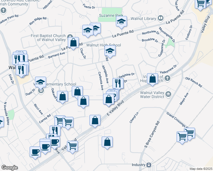 map of restaurants, bars, coffee shops, grocery stores, and more near 209 Abogado Avenue in Walnut