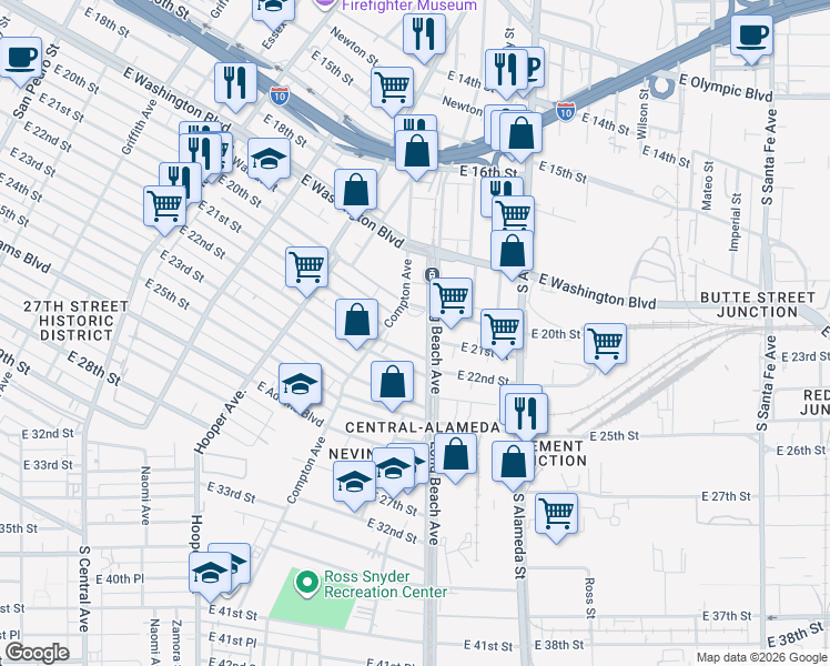map of restaurants, bars, coffee shops, grocery stores, and more near 2027 Long Beach Avenue in Los Angeles