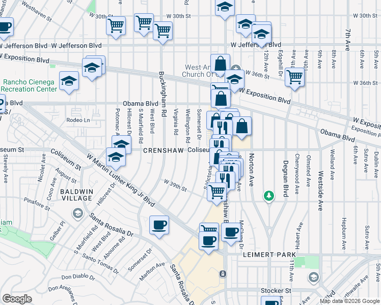 map of restaurants, bars, coffee shops, grocery stores, and more near 3760 Wellington Road in Los Angeles