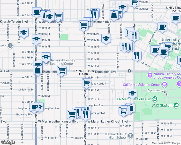 map of restaurants, bars, coffee shops, grocery stores, and more near 1256 Exposition Boulevard in Los Angeles