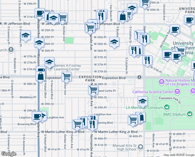 map of restaurants, bars, coffee shops, grocery stores, and more near 1256 Exposition Boulevard in Los Angeles