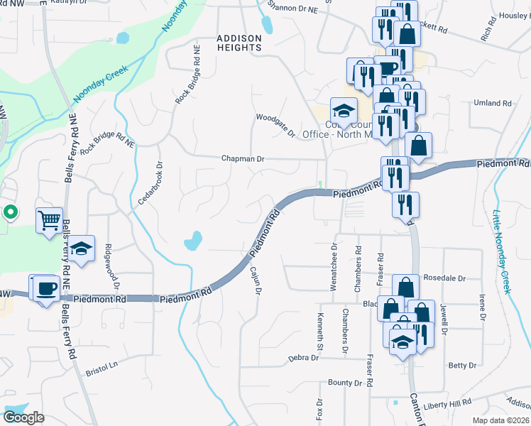 map of restaurants, bars, coffee shops, grocery stores, and more near 2844 Cobb Place Manor Court in Marietta