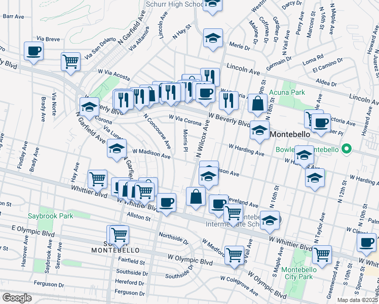 map of restaurants, bars, coffee shops, grocery stores, and more near 325 Morris Place in Montebello