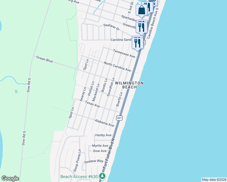 map of restaurants, bars, coffee shops, grocery stores, and more near 1409 Swordfish Lane in Carolina Beach