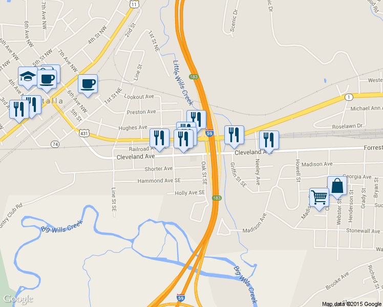 map of restaurants, bars, coffee shops, grocery stores, and more near 620 Cleveland Avenue in Attalla
