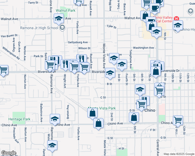 map of restaurants, bars, coffee shops, grocery stores, and more near 12929 Saddleback Place in Chino