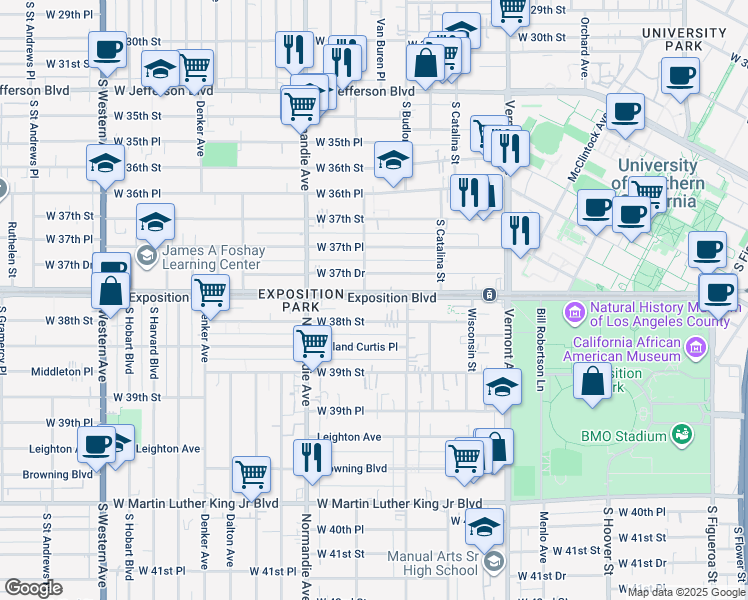 map of restaurants, bars, coffee shops, grocery stores, and more near in Los Angeles