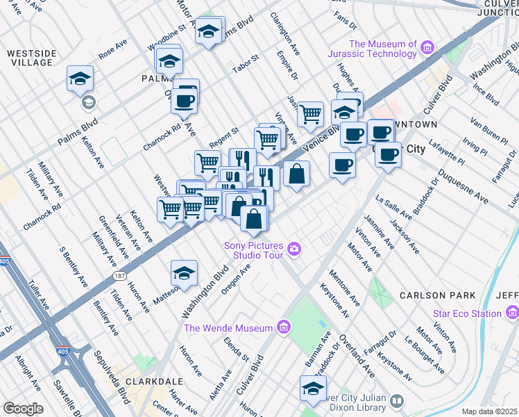map of restaurants, bars, coffee shops, grocery stores, and more near 3835 1/4 Keystone Avenue in Culver City