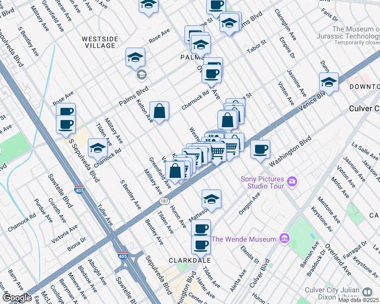 map of restaurants, bars, coffee shops, grocery stores, and more near 3721 Westwood Boulevard in Los Angeles