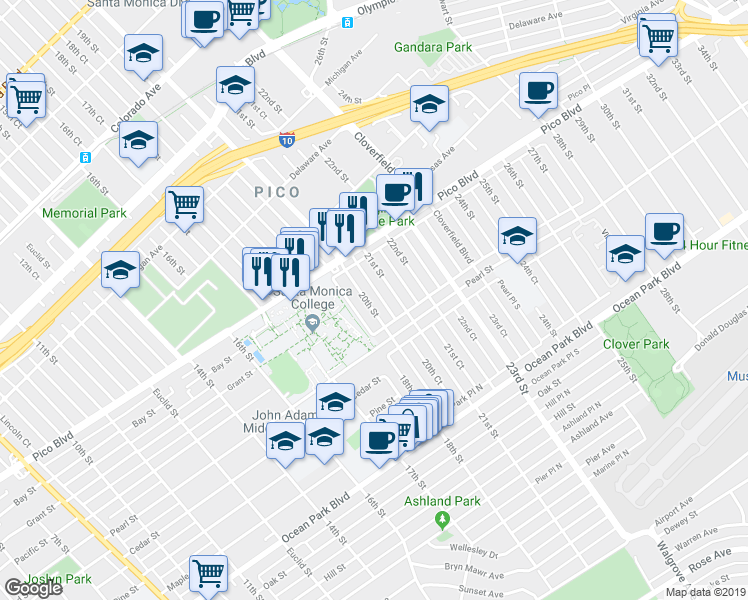 map of restaurants, bars, coffee shops, grocery stores, and more near 2201 20th Street in Santa Monica