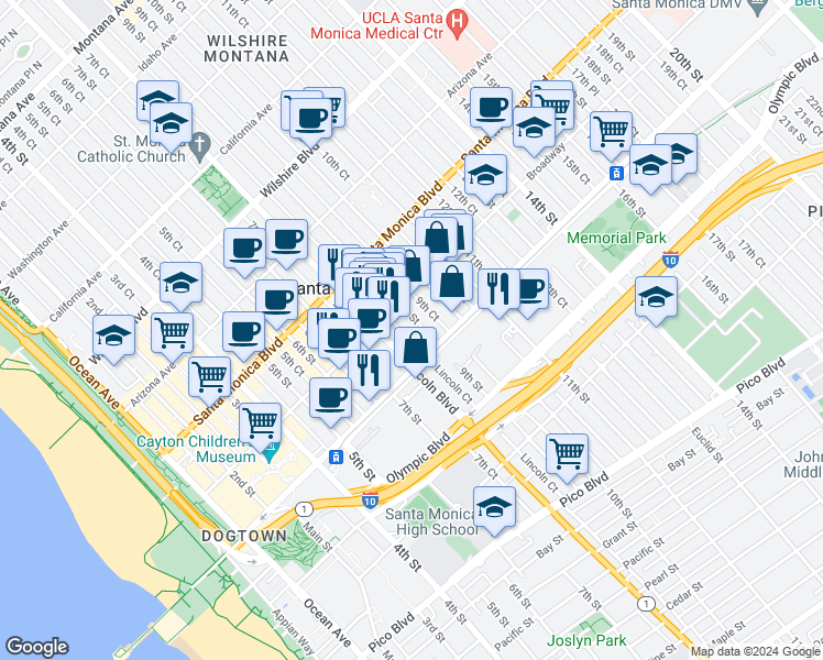 map of restaurants, bars, coffee shops, grocery stores, and more near 1519 9th Street in Santa Monica