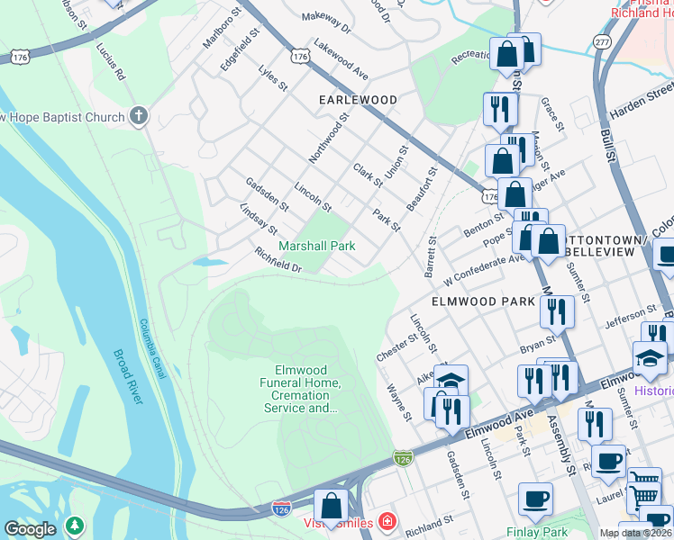 map of restaurants, bars, coffee shops, grocery stores, and more near 606 Union Street in Columbia