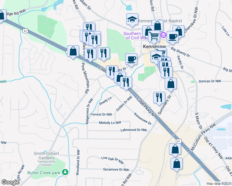 map of restaurants, bars, coffee shops, grocery stores, and more near 3055 Kennesaw Drive in Kennesaw