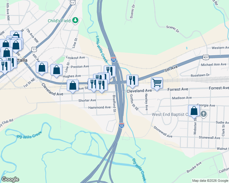 map of restaurants, bars, coffee shops, grocery stores, and more near 620 Cleveland Avenue in Attalla