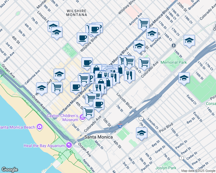 map of restaurants, bars, coffee shops, grocery stores, and more near 1447 Lincoln Boulevard in Santa Monica