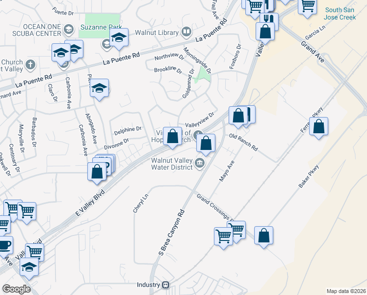 map of restaurants, bars, coffee shops, grocery stores, and more near 21117 Commerce Pointe Drive in Walnut