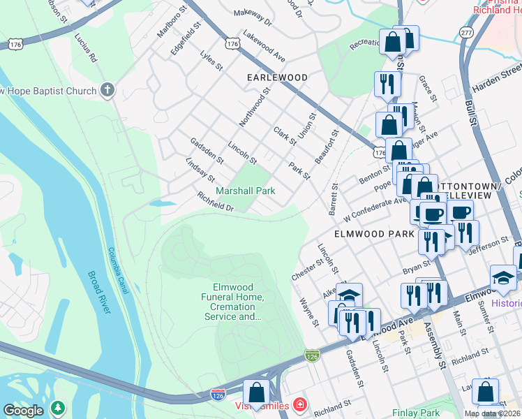map of restaurants, bars, coffee shops, grocery stores, and more near 606 Union Street in Columbia
