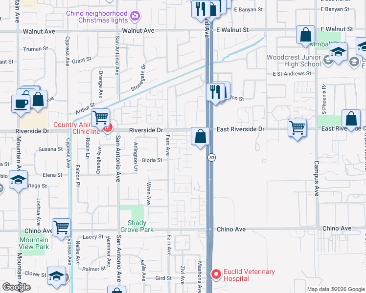 map of restaurants, bars, coffee shops, grocery stores, and more near 6968 Sandlily Lane in Chino