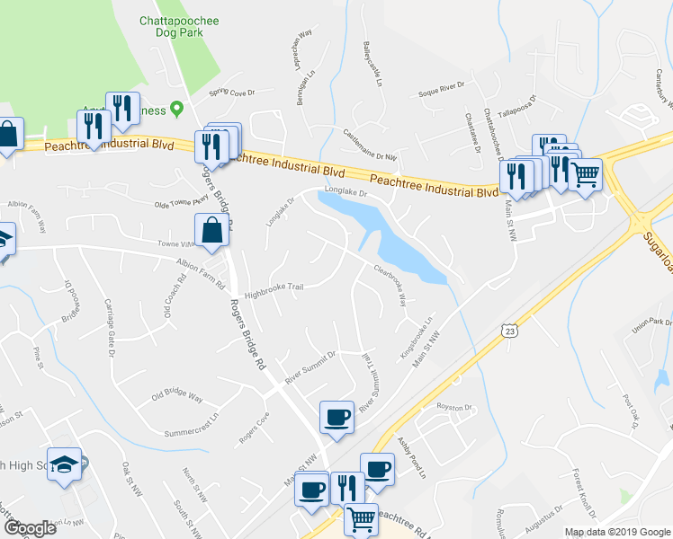 map of restaurants, bars, coffee shops, grocery stores, and more near 2525 Highbrooke Trail in Duluth