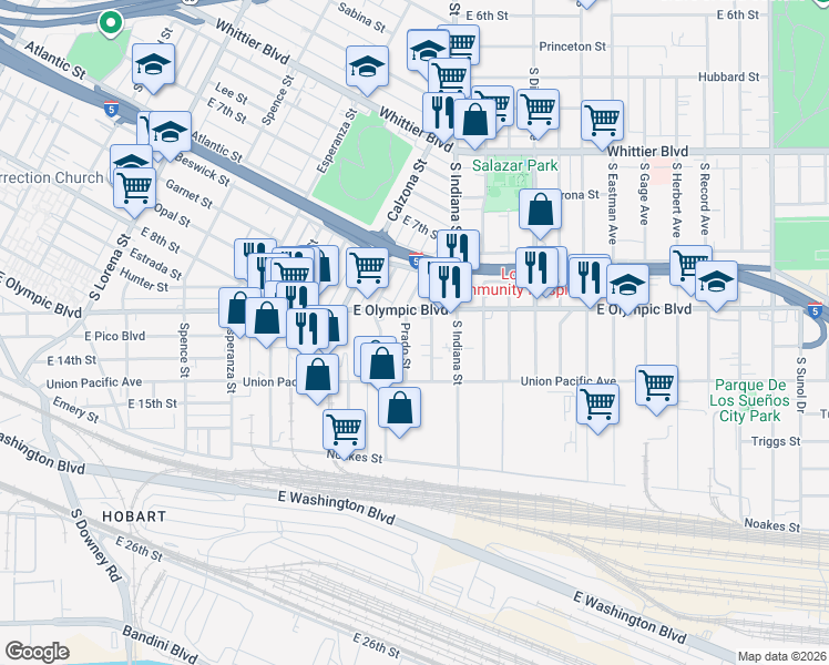 map of restaurants, bars, coffee shops, grocery stores, and more near 1206 Prado Street in Los Angeles
