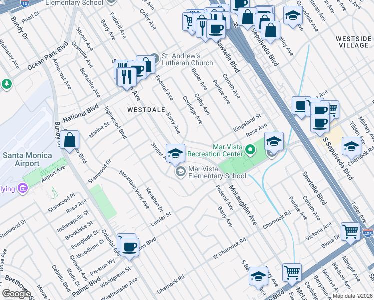 map of restaurants, bars, coffee shops, grocery stores, and more near 3301 Colbert Avenue in Los Angeles