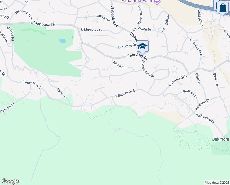 map of restaurants, bars, coffee shops, grocery stores, and more near 30530 East Sunset Drive South in Redlands