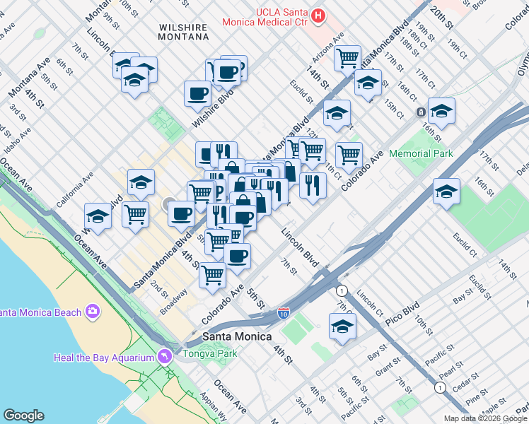 map of restaurants, bars, coffee shops, grocery stores, and more near 1460 Lincoln Boulevard in Santa Monica