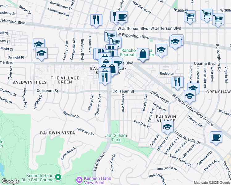 map of restaurants, bars, coffee shops, grocery stores, and more near 5022 Coliseum Street in Los Angeles