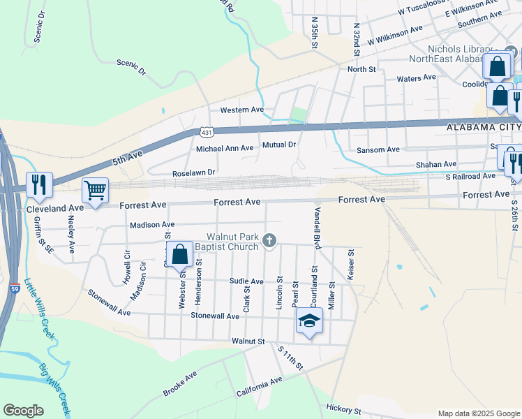 map of restaurants, bars, coffee shops, grocery stores, and more near 3298 Forrest Avenue in Gadsden
