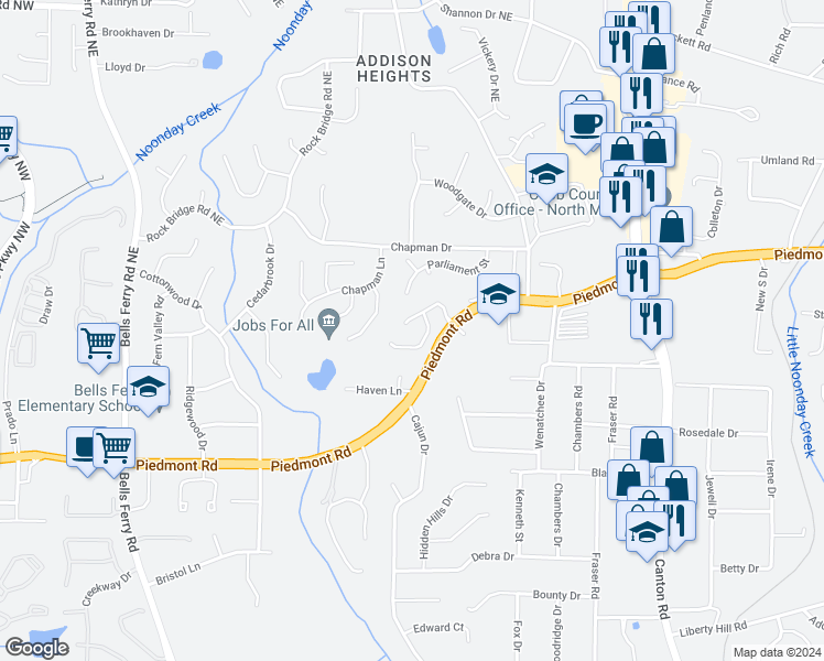 map of restaurants, bars, coffee shops, grocery stores, and more near 930 Cobb Place Manor Drive in Marietta