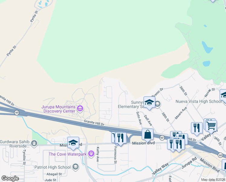 map of restaurants, bars, coffee shops, grocery stores, and more near 3908 Boulder Drive in Jurupa Valley
