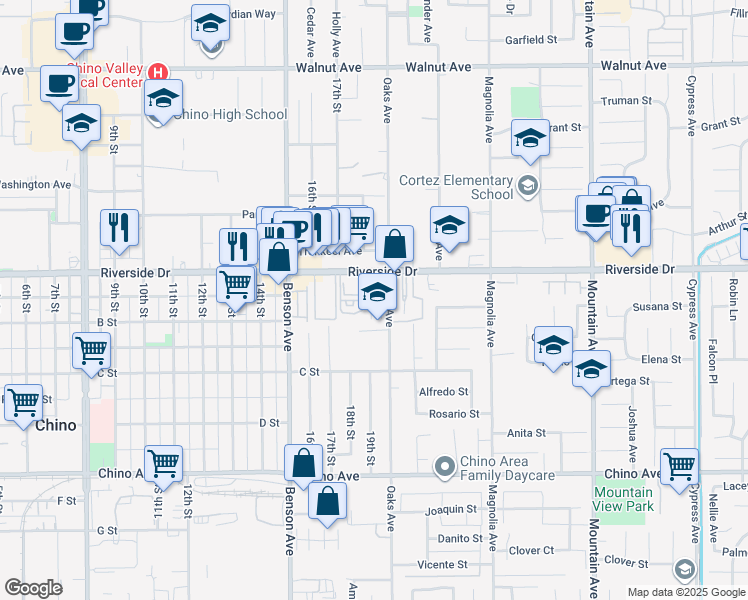 map of restaurants, bars, coffee shops, grocery stores, and more near 12951 Red Cedar Way in Chino