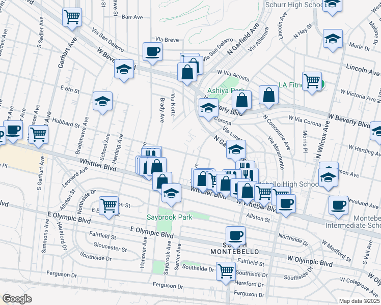 map of restaurants, bars, coffee shops, grocery stores, and more near 678 Saybrook Avenue in East Los Angeles