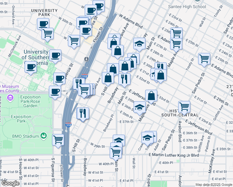 map of restaurants, bars, coffee shops, grocery stores, and more near 100 West Jefferson Boulevard in Los Angeles
