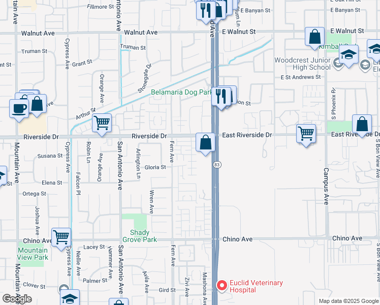 map of restaurants, bars, coffee shops, grocery stores, and more near 6968 Sandlily Lane in Chino
