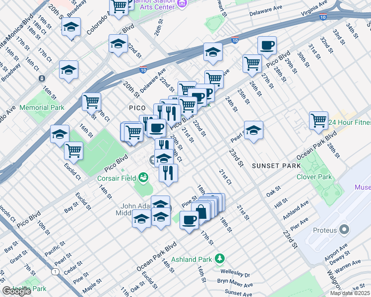 map of restaurants, bars, coffee shops, grocery stores, and more near 2201 20th Street in Santa Monica