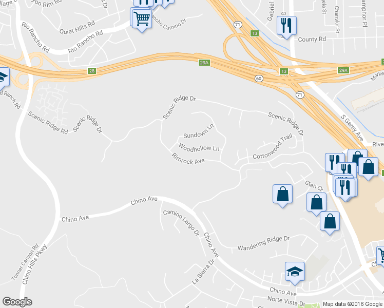 map of restaurants, bars, coffee shops, grocery stores, and more near 2171 Woodhollow Lane in Chino Hills