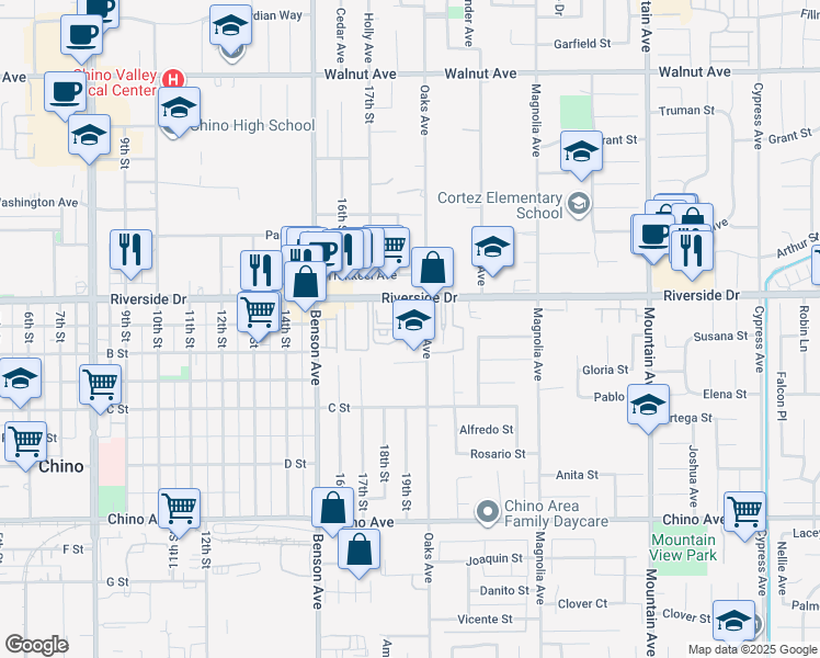 map of restaurants, bars, coffee shops, grocery stores, and more near 12951 Red Cedar Way in Chino