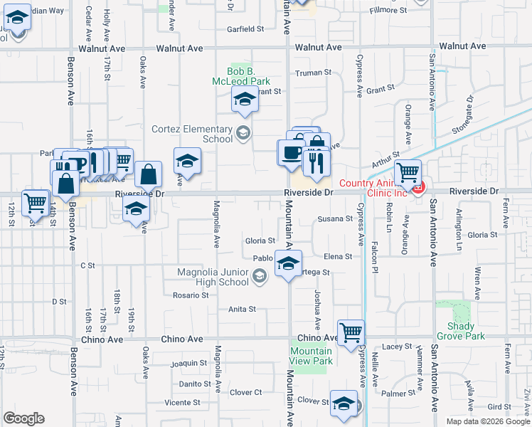 map of restaurants, bars, coffee shops, grocery stores, and more near 12959 Cambridge Court in Chino