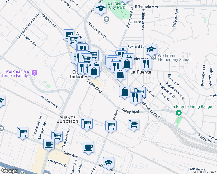 map of restaurants, bars, coffee shops, grocery stores, and more near 150 Russell St in Industry