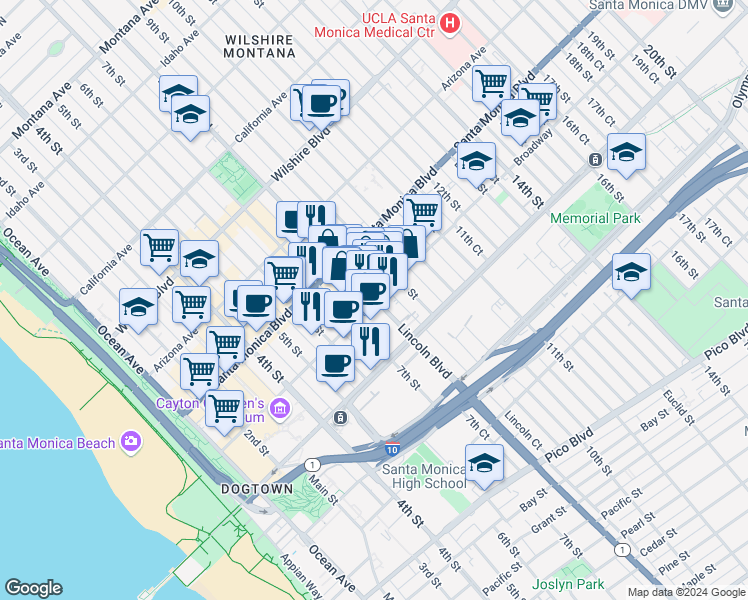 map of restaurants, bars, coffee shops, grocery stores, and more near in Santa Monica